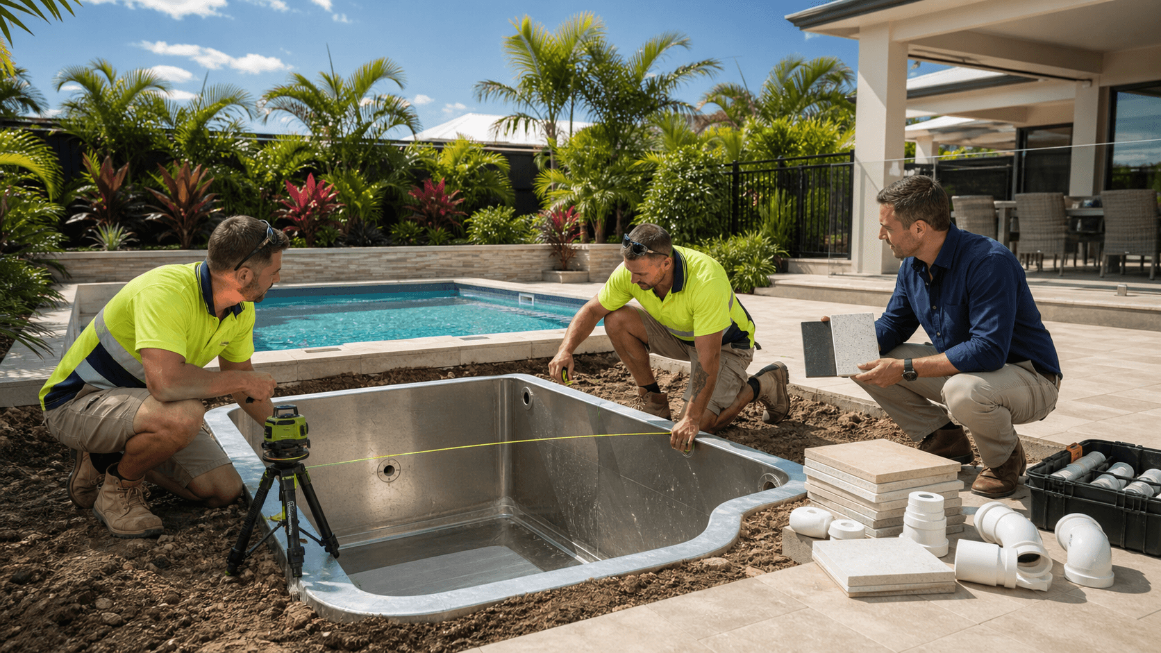 Modern backyard plunge pool with turquoise water, timber deck, palm plants, and bright sunny sky.